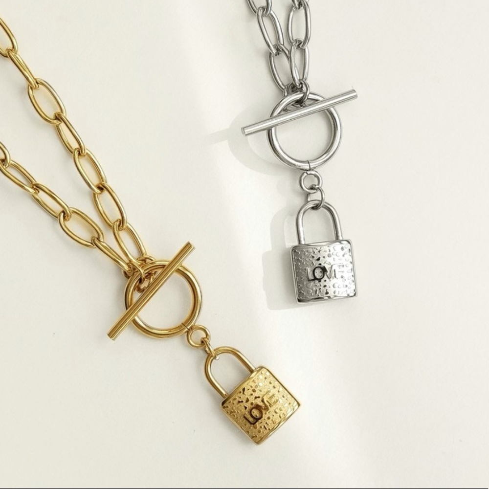 Love Lock Toggle Link Chain Necklace | Gold Plated Stainless Steel Necklace - Picture 4 of 4